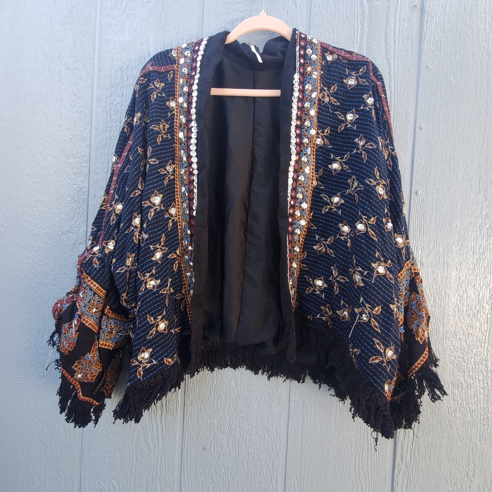 NWT Free People Rays Of Light Midnight Combo Open Front Fringe Jacket Boho